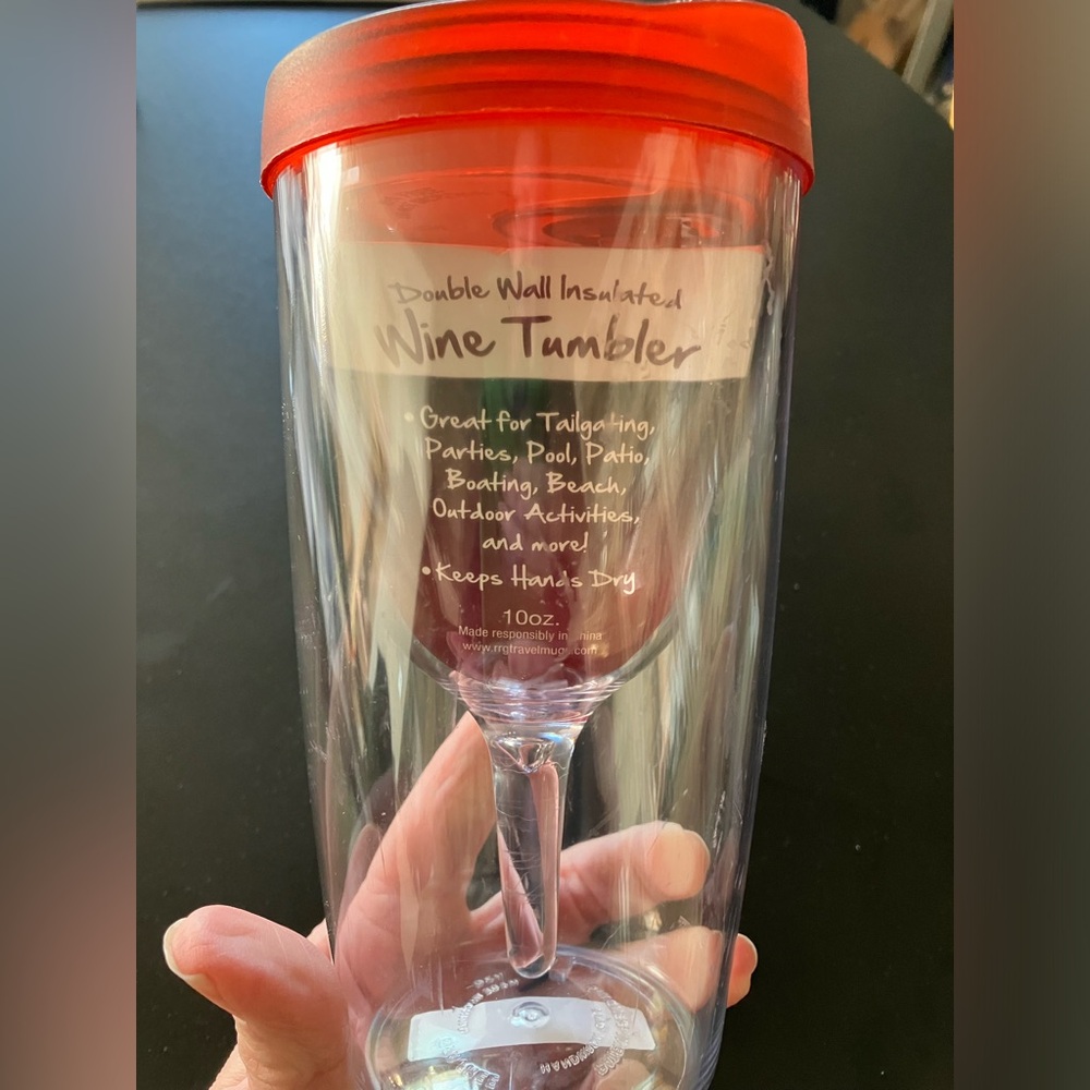 Wine Tumbler  - Double Wall Acrylic Tumbler with Red Lid, 10 oz -NEW
